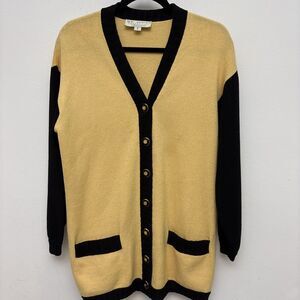 St. John Collection Knit Cardigan Sweater, Yellow W/ Navy Sleeves, Women’s Small